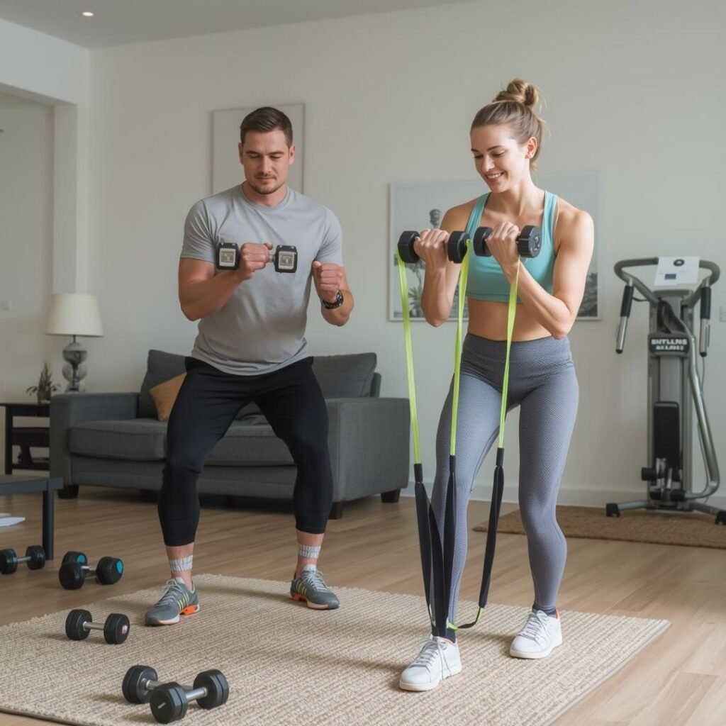 Couple faisant du fitness à la maison avec du matériel Aventure Fitness