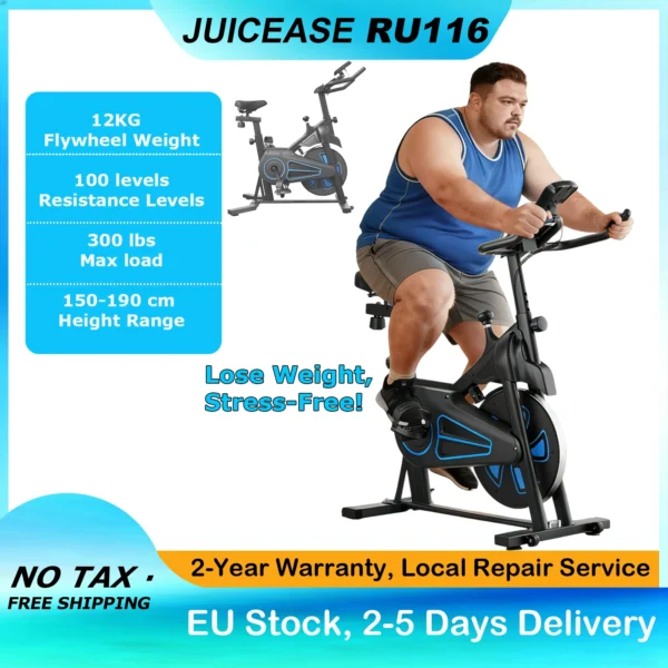 Vélo d'exercice d'intérieur JUICEASE RU116, volant d'inertie de 12 kg, résistance magnétique à 100 niveaux, transmission par courroie silencieuse, écran LCD, capacité de 300 lb