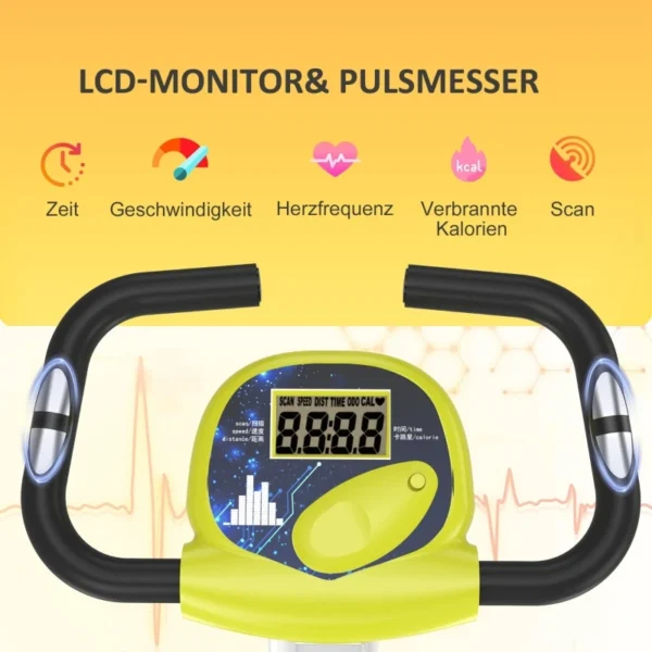 Vélo d'exercice avec résistance magnétique réglable sur 8 niveaux, hauteur réglable, acier jaune et blanc, compact, 43 x 97 x 109 cm