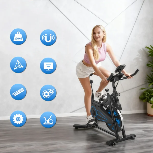 Vélo d'exercice d'intérieur JUICEASE RU116, volant d'inertie de 12 kg, résistance magnétique à 100 niveaux, transmission par courroie silencieuse, écran LCD, capacité de 300 lb