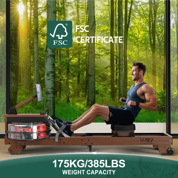 Rameur pliant en bois Fysiq V-W3, Bluetooth, pliable, pour les utilisateurs 1,2 à 2 m, maximum 175 kg