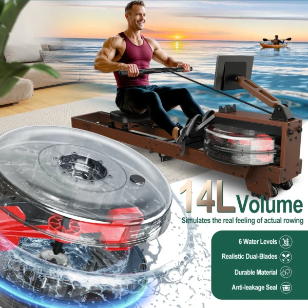 Rameur pliant en bois Fysiq V-W3, Bluetooth, pliable, pour les utilisateurs 1,2 à 2 m, maximum 175 kg