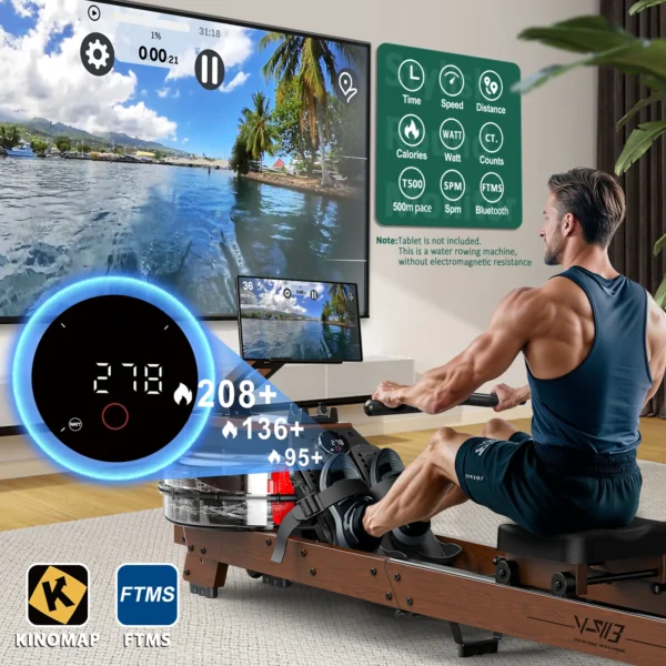 Rameur pliant en bois Fysiq V-W3, Bluetooth, pliable, pour les utilisateurs 1,2 à 2 m, maximum 175 kg