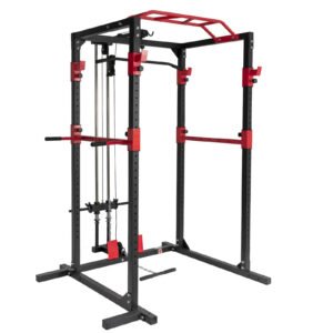 Système de rack de musculation multifonctionnel en métal intégré, robuste, pour squats, tractions latérales, câbles