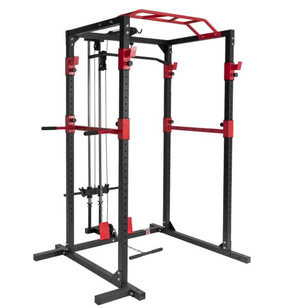 Système de rack de musculation multifonctionnel en métal intégré, robuste, pour squats, tractions latérales, câbles