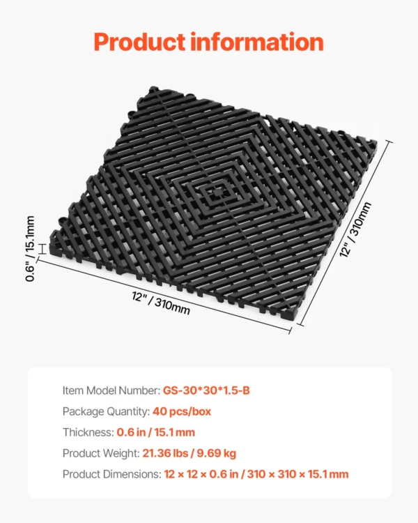 Tapis de drainage emboîtable, 310x310 mm, dalles de sol de drainage modulaire emboîtable, 40 pcs, coussin de sol à épisser en PP antidérapant noir, tapis de douche, pour garage, jardin, cuisine