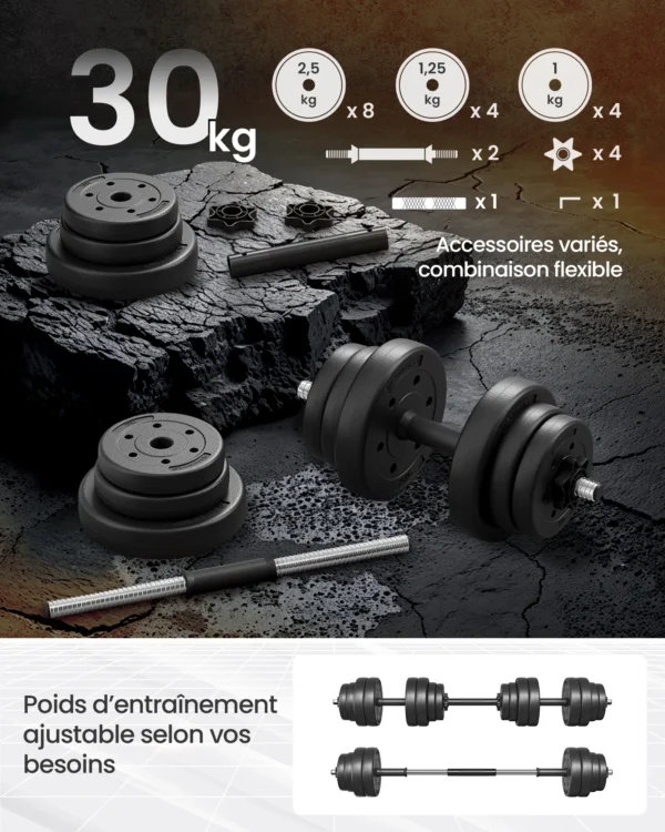 Ensemble d'haltères 3 en 1, 20kg, ajustables, pour musculation, fitness, gymnastique à domicile