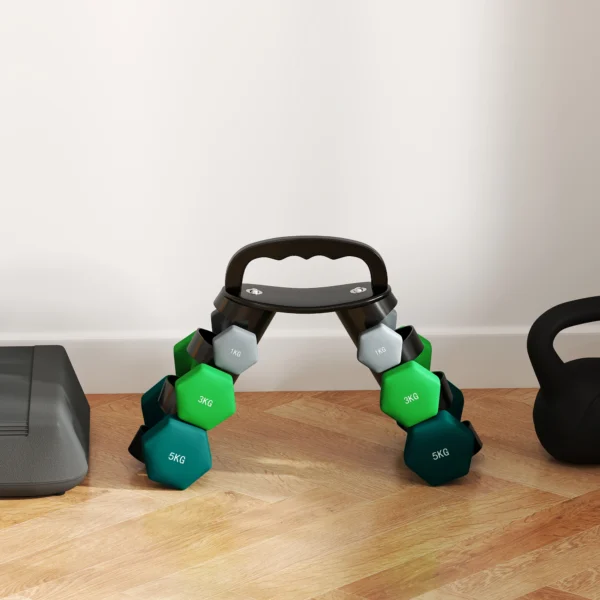 Ensemble d'haltères avec support de rangement, comprenant 6 haltères pour l'entraînement physique : 2 de 1 kg, 2 de 3 kg et 2 de 5 kg.