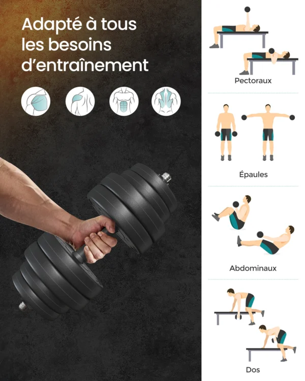 Ensemble d'haltères 3 en 1, 20kg, ajustables, pour musculation, fitness, gymnastique à domicile