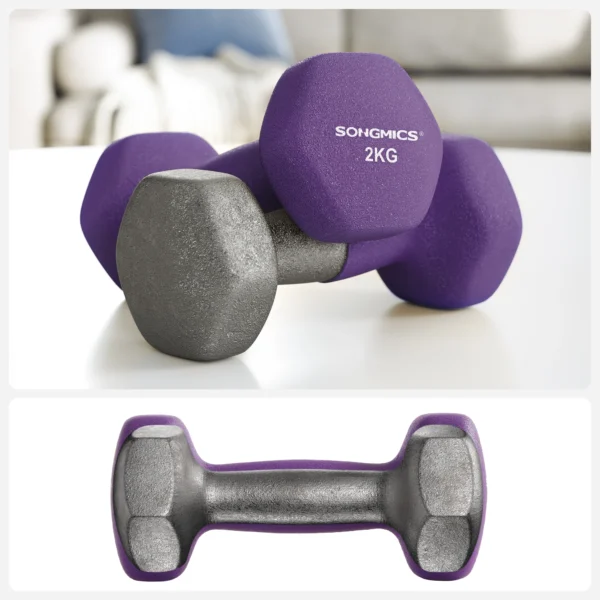 kf-Sdcd6cd396a804698abd3b60f2848a52dk SONGMICS Lot Haltère 3 Paires avec Support, 2 x 1 kg, 2 x 1,5 kg, 2 x 2 kg, Surface en Vinyle Antiglisse, pour Salle de Sport, Fitnesse à la Maison, Jaune, Rose et Violet
