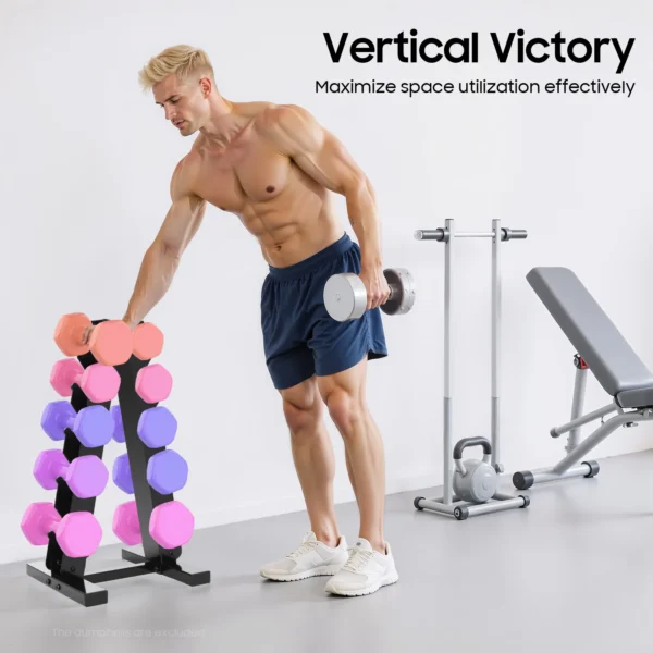 Support d'haltères à 5 niveaux noir/blanc, support de rangement à cadre en A, support d'haltères hexagonal en caoutchouc et néoprène de 100kg pour la maison, l'hôtel et la salle de sport