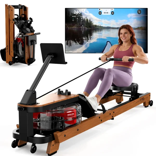 Rameur à eau pour usage domestique, en bois, pliable, avec écran et tablette, support Bluetooth, siège confortable, capacité de charge jusqu'à 180 kg