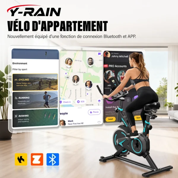 Vélo d'appartement, siège et guidon réglables en hauteur, application, écran LCD, charge maximale 120 kg