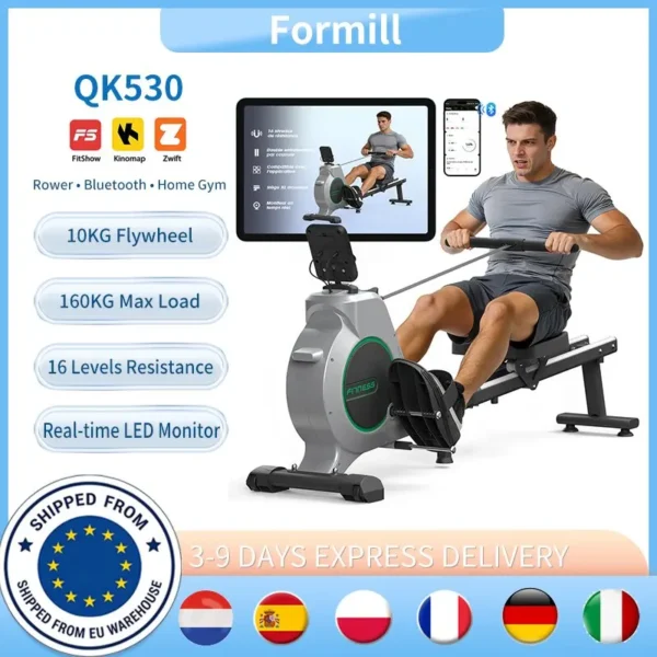 Rameur magnétique 16 niveaux de résistance, application Bluetooth, écran LCD, silencieux et fluide, pour la remise en forme à domicile