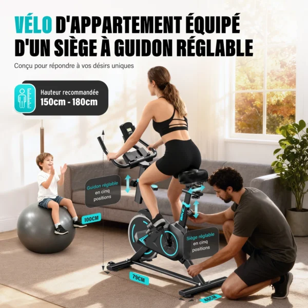 Vélo d'appartement, siège et guidon réglables en hauteur, application, écran LCD, charge maximale 120 kg