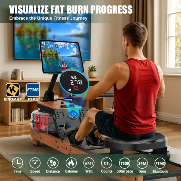 Rameur à eau pour usage domestique, en bois, pliable, avec écran et tablette, support Bluetooth, siège confortable, capacité de charge jusqu'à 180 kg