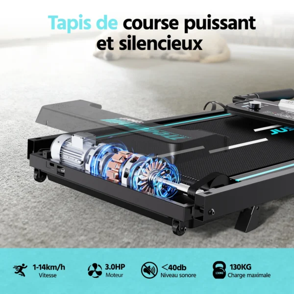 Tapis de course pliable, 12 programmes prédéfinis, inclinaison réglable à 8 %, connectivité Bluetooth, vitesse maximale de 14 km