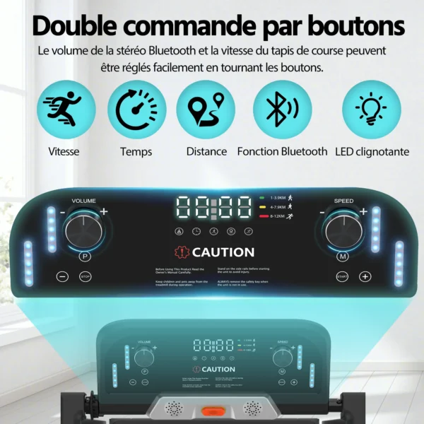 Tapis de course pliable, 12 programmes prédéfinis, inclinaison réglable à 8 %, connectivité Bluetooth, vitesse maximale de 14 km