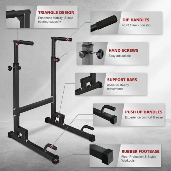 Station de dips réglable en hauteur, barres de dips robustes avec poignées antidérapantes, support multifonctionnel avec connecteur de sécurité pour dips triceps intérieur/extérieur