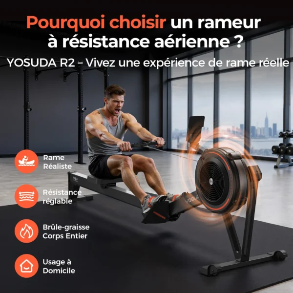Rameur d'appartement – Pliable, Écran auto-alimenté, Résistance à 10 niveaux, Long rail, Bluetooth et application, Résistance à air