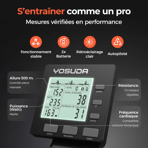 Rameur d'appartement – Pliable, Écran auto-alimenté, Résistance à 10 niveaux, Long rail, Bluetooth et application, Résistance à air