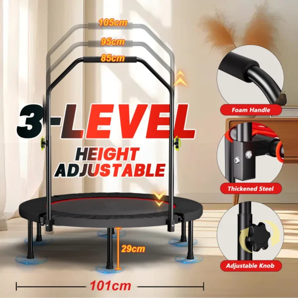 Trampoline pliable de 101 cm avec poignée, bandes élastiques de qualité supérieure, rebondisseur de fitness noir pour entraînement à domicile et en intérieur