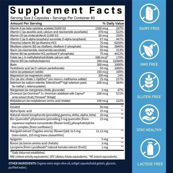 Capsules multivitamines deux par jour - avec vitamines et minéraux, améliore les niveaux d'énergie, soutien immunitaire, antioxydant