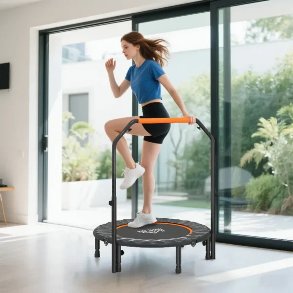 Trampoline de fitness gymnastique avec poignée réglable, pliable, 6 pieds, 28 ressorts Ø 102 cm, noir orange
