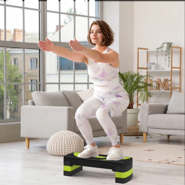 Steppeur aérobie réglable, 3 niveaux de hauteur, charge maximale 150 kg, vert, utilisation intérieure et extérieure