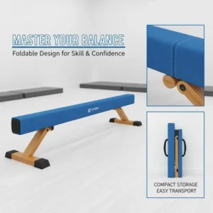 Barre d'équilibre de gymnastique pliable de 9 pieds avec base antidérapante et structure en bois de pin - Bleu