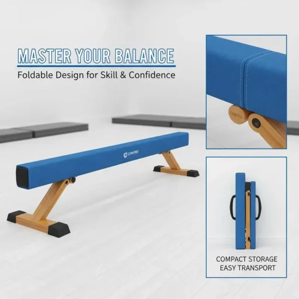 Barre d'équilibre de gymnastique pliable de 9 pieds avec base antidérapante et structure en bois de pin - Bleu