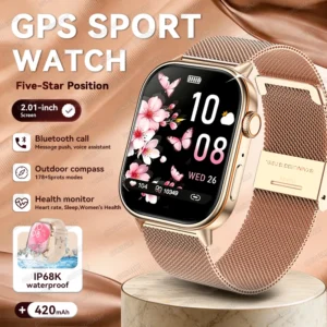 Nouvelle montre connectée sportive pour femme 2026, écran 2,01 pouces, étanche IP68K, GPS, appels Bluetooth, suivi santé et fréquence cardiaque, bracelet
