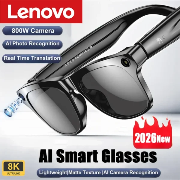 Lunettes intelligentes Lenovo avec appareil photo 100MP, 8K HD, Chat GPT, batterie 260mAh, appels Bluetooth, commande vocale, pour hommes