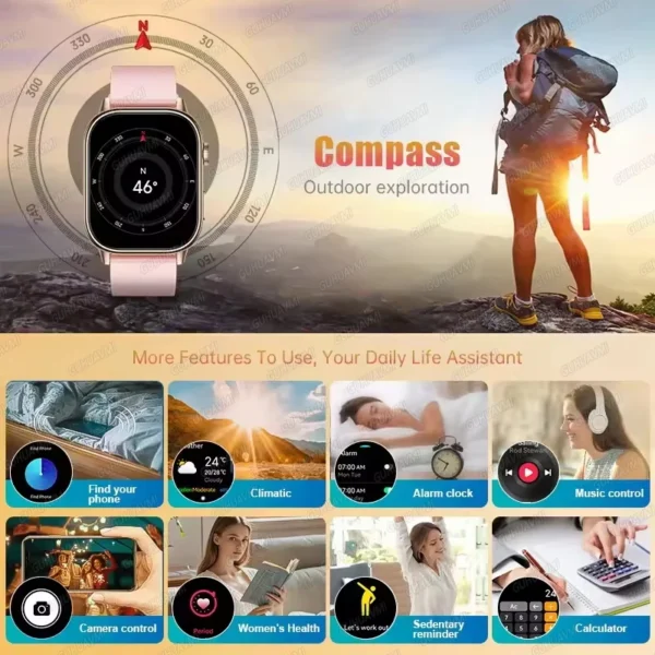 Nouvelle montre connectée sportive pour femme 2026, écran 2,01 pouces, étanche IP68K, GPS, appels Bluetooth, suivi santé et fréquence cardiaque, bracelet