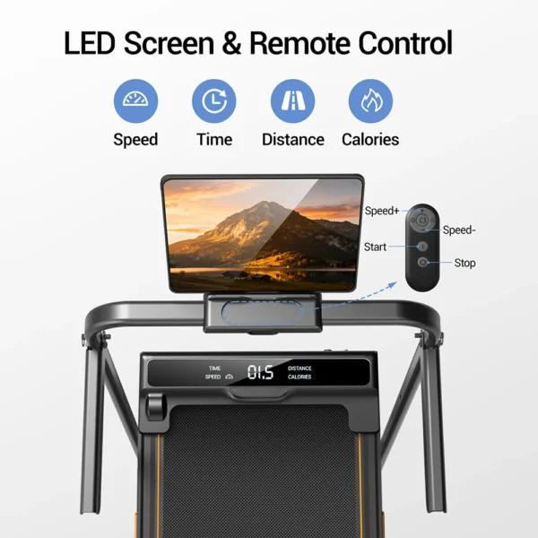 Tapis roulant pliable, moteur silencieux de 2,5 HP, vitesse maximale de 10 km/h, charge de 150 kg, affichage LED incliné à 3 niveaux et télécommande