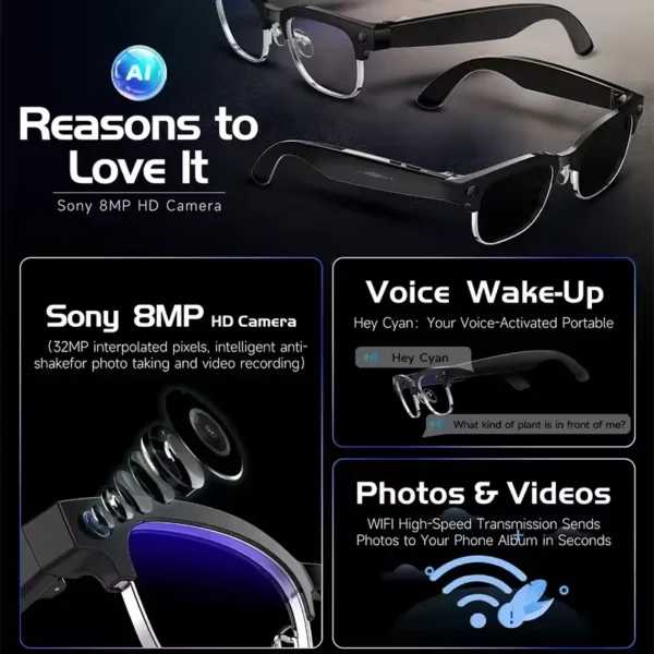 Lunettes de soleil intelligentes HD AI pour hommes et femmes, 800W, traduction AI, lecture de musique, enregistrement vidéo HD 8K, changement de couleur, nouveauté 2026