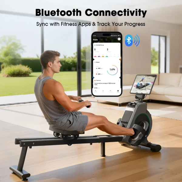 Rameur magnétique, résistance à 16 niveaux, application Bluetooth, écran LCD, siège confortable, exercice de fitness à domicile