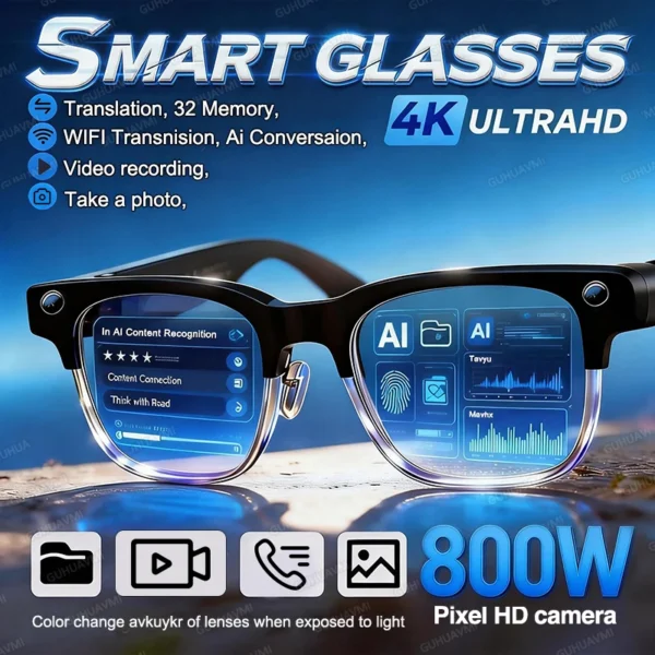 Nouvelles lunettes intelligentes 800W avec caméra Pixel 2026 pour hommes, enregistrement vidéo, reconnaissance photo IA, appel Bluetooth, traduction vocale, lunettes de soleil pour homme