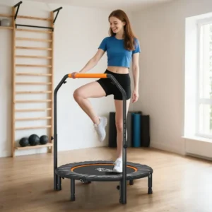 Trampoline de fitness gymnastique avec poignée réglable, pliable, 6 pieds, 28 ressorts Ø 102 cm, noir orange