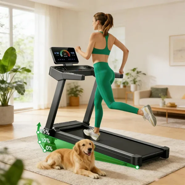 Tapis roulant inclinaison réglable à 15 %, vitesse de 14 km/h, moteur puissant sans balais de 3,5 CV, charge maximale de 180 kg, bande de course de 40×107 cm, écran LED et accoudoirs pour la fréquence cardiaque, système d'absorption des chocs multicouche pour la protection des genoux, surface de course extra-large