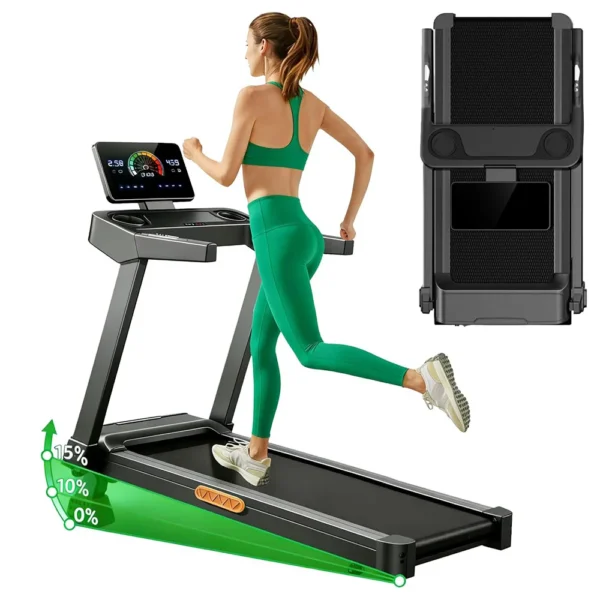 Tapis roulant inclinaison réglable à 15 %, vitesse de 14 km/h, moteur puissant sans balais de 3,5 CV, charge maximale de 180 kg, bande de course de 40×107 cm, écran LED et accoudoirs pour la fréquence cardiaque, système d'absorption des chocs multicouche pour la protection des genoux, surface de course extra-large
