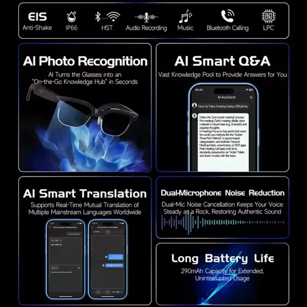 Lunettes de soleil intelligentes HD AI pour hommes et femmes, 800W, traduction AI, lecture de musique, enregistrement vidéo HD 8K, changement de couleur, nouveauté 2026