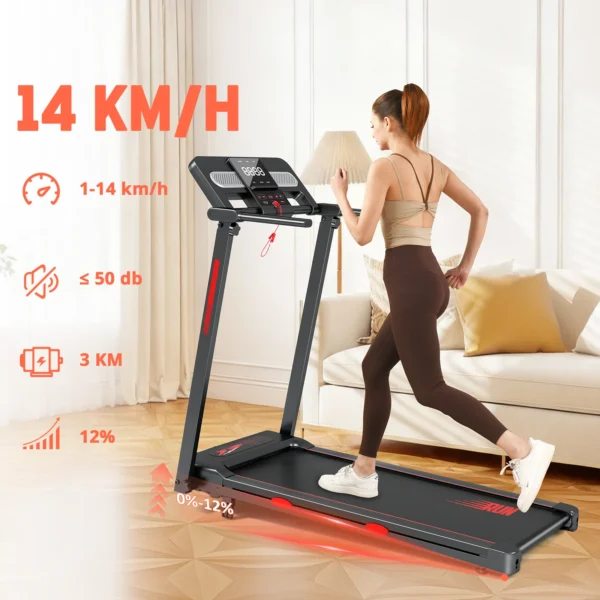 Tapis de course pliable pour la maison : réglage de l'inclinaison de 0 % à 12 %, vitesse de 1 à 14 km/h, capacité de charge de 150 kg, ultra-silencieux, écran LED, 12 programmes d'entraînement, équipement de fitness à domicile