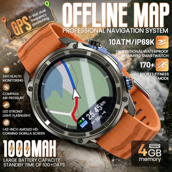 Nouvelle Montre Connectée GPS 2026 avec Cartes Hors Ligne, Altimètre, Batterie 1000 mAh, Étanchéité 10 ATM, Appel Bluetooth, Mémoire 4 Go, pour Hommes et Activités Sportives en Extérieur