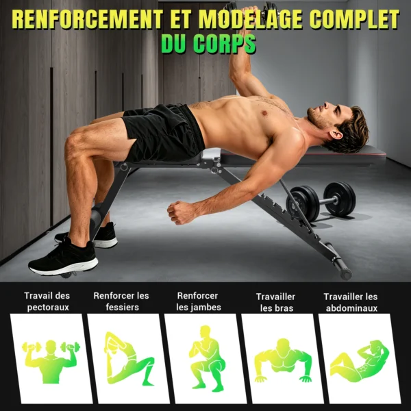 Banc de musculation réglable, banc d'entraînement robuste 300 kg, 7 positions réglables (105 ° , 120 ° , 135 ° , 150 ° , 165 ° , 180 ° , 195 ° Banc de musculation pliable rapide, inclinable/abaisseable, pour entraînement complet du corps à domicile