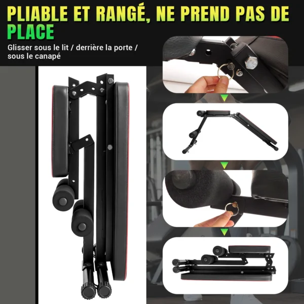 Banc de musculation réglable, banc d'entraînement robuste 300 kg, 7 positions réglables (105 ° , 120 ° , 135 ° , 150 ° , 165 ° , 180 ° , 195 ° Banc de musculation pliable rapide, inclinable/abaisseable, pour entraînement complet du corps à domicile
