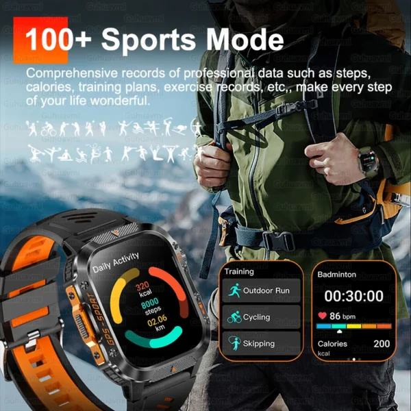 Montre connectée GPS d'extérieur pour hommes, de qualité militaire, boussole, fréquence cardiaque, appel BT, lampe de poche LED, étanche 10ATM, pour natation, nouveauté 2026