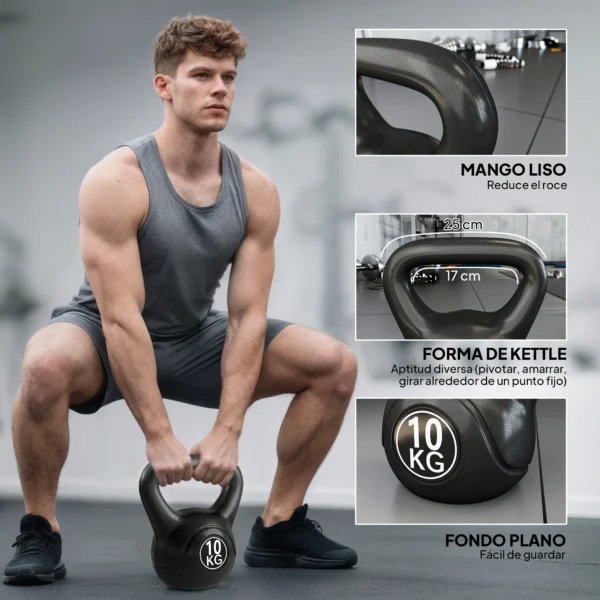 Pese Rusa de 10 kg Kettlebell Remplissement d'Arène avec Manche Large Antiglissant pour Entraînement 25x19x28 cm Noir