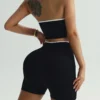 Ensemble d'exercices de gymnastique pour femmes, 2 pièces, combinaison de Yoga, Patchwork noir et blanc, haut à licou à la mode, short respirant taille haute