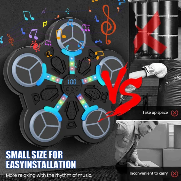 Machine musicale intelligente de boxe murale pour enfants, anti-stress, avec Bluetooth, entraîneur de frappe 3 vitesses, volume réglable, lumière rythmique LED, affichage des scores, rechargeable USB, ABS PU